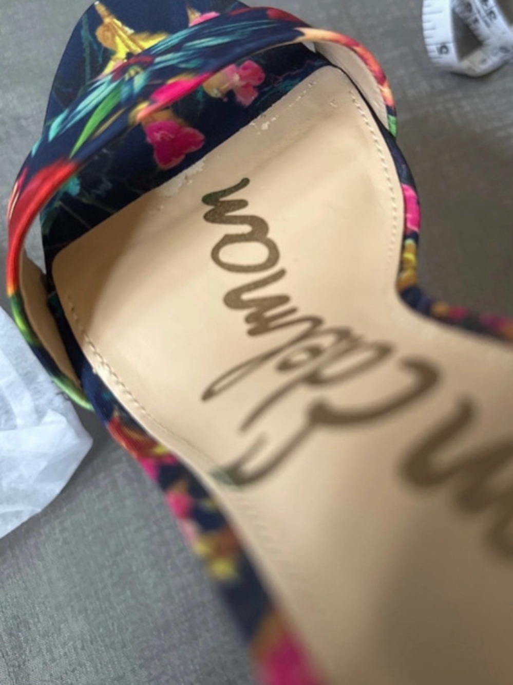 Sam Edelman Navy Floral Open-Toe Ankle-Strap Heels with Pink & Teal Accents - Picture 6 of 6